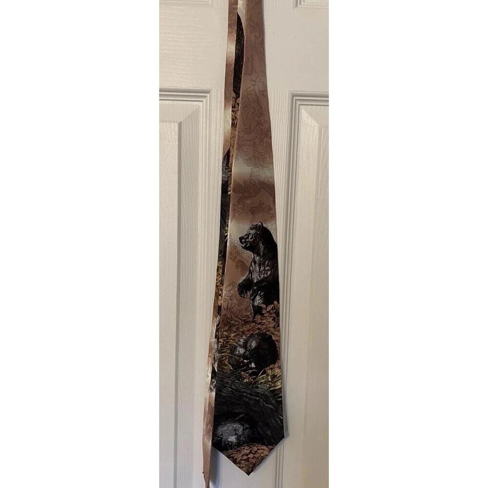Vintage 90s Endangered Species Black Bear Pink Nature Tie 100% Silk Made in USA